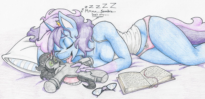 Size: 6409x3097 | Tagged: suggestive, artist:flicker-show, derpibooru import, king sombra, oc, oc:midnight muse, anthro, unicorn, absurd resolution, book, breasts, cleavage, clothes, dream, female, glasses, licking, mare, panties, pillow, pink underwear, plushie, ribbon, sleeping, tanktop, tongue out, traditional art, underwear