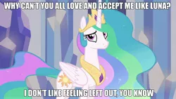 Size: 1920x1080 | Tagged: celestia defence, derpibooru import, edit, edited screencap, image macro, meme, meta, op has a point, princess celestia, sad, safe, screencap, solo, text