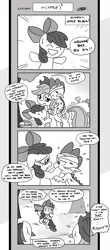 Size: 1451x3300 | Tagged: suggestive, artist:loreto-arts, derpibooru import, apple bloom, applejack, rainbow dash, spike, dragon, comic:friendship is innuendo, comic, female, implied foalcon, innuendo, male, monochrome, shipping, spikebloom, straight