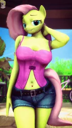 Size: 2160x3840 | Tagged: 3d, anthro, artist:gbrushandpaint, bedroom eyes, belly button, bellyring, breasts, busty fluttershy, clothes, derpibooru import, female, fluttershy, looking at you, midriff, piercing, shorts, smiling, solo, solo female, source filmmaker, suggestive