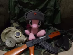 Size: 800x600 | Tagged: airsoft, ak-47, artist:helloolaahoj, assault rifle, build-a-bear, derpibooru import, gas mask, gun, hat, irl, mask, photo, pinkie pie, plushie, rifle, safe, solo, ushanka, weapon