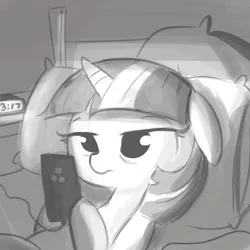 Size: 792x792 | Tagged: safe, artist:tjpones, derpibooru import, twilight sparkle, pony, 30 minute art challenge, bed, clock, floppy ears, grayscale, lying down, mobile phone, monochrome, on back, phone, pillow, sleepy, smartphone, solo, tired