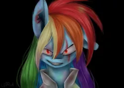 Size: 3507x2480 | Tagged: grimdark, artist:wolfchen999, derpibooru import, rainbow dash, pony, fanfic:rainbow factory, black background, blood, clothes, evil grin, grin, looking at you, one layer, red eyes, scar, signature, simple background, smiling, solo