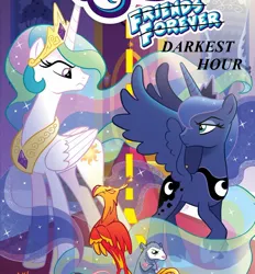 Size: 1036x1115 | Tagged: artist:tonyfleecs, cover, cyoa, cyoa:darkest hour, derpibooru import, edit, friends forever, philomena, princess celestia, princess luna, safe, semi-grimdark source, tiberius