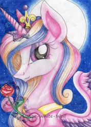 Size: 2424x3408 | Tagged: artist:lunar-white-wolf, beautiful, derpibooru import, eyeshadow, flower, full moon, looking at you, makeup, moon, night, princess cadance, rose, safe, smiling, solo, traditional art