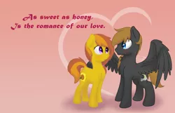 Size: 900x579 | Tagged: safe, artist:soulfulmirror, derpibooru import, oc, oc:honey ella, oc:romance heart, unofficial characters only, earth pony, pegasus, pony, female, heart, male, mare, romella, spread wings, stallion, straight, valentine, valentine's day