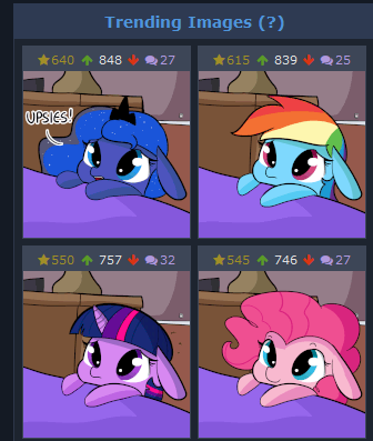 Size: 336x397 | Tagged: safe, artist:tjpones, derpibooru import, pinkie pie, princess luna, rainbow dash, twilight sparkle, derpibooru, cute, juxtaposition, juxtaposition difficulty increased, juxtaposition win, meme, meta, top scoring, trending images, upsies