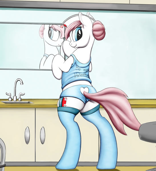 Size: 1459x1600 | Tagged: dead source, suggestive, artist:graboiidz, derpibooru import, nurse redheart, earth pony, pony, blue underwear, clothes, image, looking at you, looking back, panties, plot, png, solo, underwear