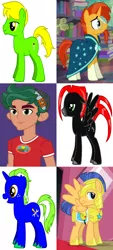 Size: 902x1992 | Tagged: safe, derpibooru import, flash sentry, sunburst, timber spruce, oc, oc:nimbus quasar, oc:sir sheath, oc:tech savvy, earth pony, pegasus, pony, unicorn, equestria girls, cropped, male, missing ear, red and black oc, stallion, team