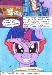 Size: 1792x2567 | Tagged: safe, artist:bio-iridescence, derpibooru import, twilight sparkle, twilight sparkle (alicorn), alicorn, pony, comic, corrupted, corrupted twilight sparkle, equestria is doomed, evil grin, evil twilight, grin, letter, smiling, solo, sombra eyes, traditional art, twilight is anakin, xk-class end-of-the-world scenario