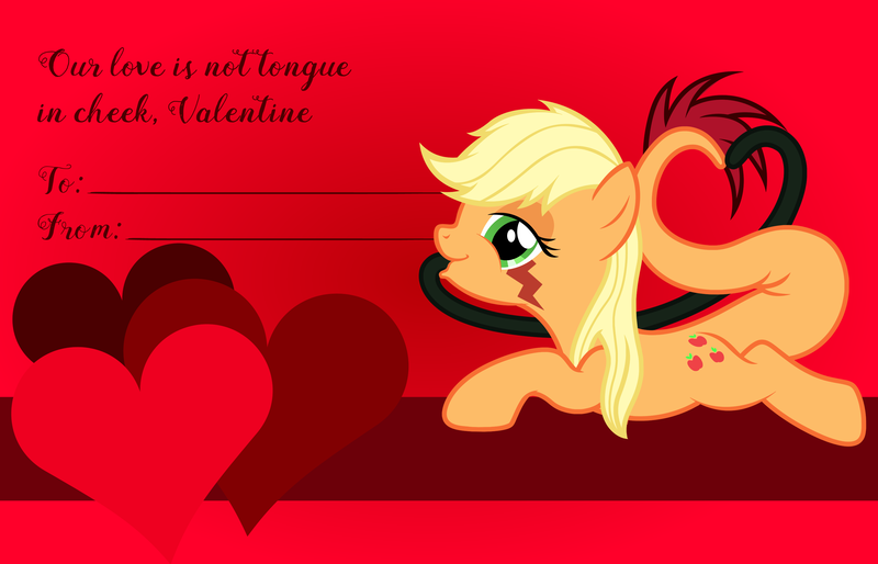 Size: 3156x2028 | Tagged: safe, artist:badumsquish, derpibooru import, applejack, oc, unofficial characters only, monster pony, original species, tatzlpony, bedroom eyes, female, heart, looking at you, prehensile tail, prehensile tongue, prone, smiling, solo, species swap, tatzljack, valentine, valentine's day, valentine's day card