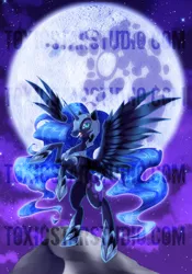 Size: 900x1286 | Tagged: artist:toxicstarstudio, derpibooru import, mare in the moon, moon, night, nightmare moon, rearing, safe, solo, spread wings, stars, watermark