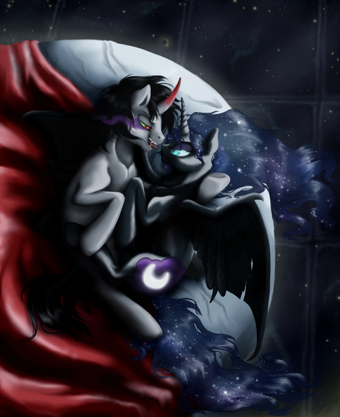 Size: 3211x3942 | Tagged: safe, artist:shagonese, derpibooru import, king sombra, nightmare moon, alicorn, pony, unicorn, cape, clothes, female, hug, looking at each other, lumbra, male, moon, shipping, sombramoon, straight, tongue out, winghug