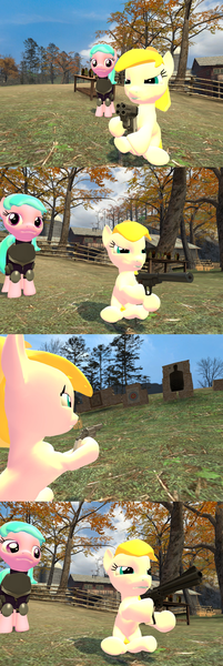 Size: 1400x4184 | Tagged: safe, artist:soad24k, derpibooru import, oc, oc:chipper leaf, oc:flash bang, unofficial characters only, pony, 3d, absurd resolution, cyoa, cyoa:filly adventure, female, filly, gmod, gun, mare, weapon