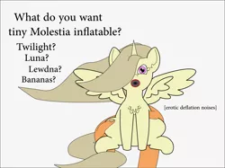 Size: 1166x870 | Tagged: suggestive, artist:planetkiller, derpibooru import, part of a set, princess celestia, alicorn, human, pony, princess molestia, chest fluff, descriptive noise, hair over one eye, hand, holding a pony, inflatable, lewd, looking at you, meme, offscreen character, simple background, sitting, spread wings, tiny ponies, what do you want, wingboner