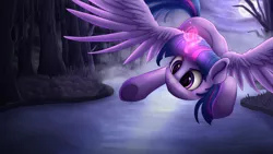 Size: 1920x1080 | Tagged: safe, artist:vanillaghosties, derpibooru import, part of a set, twilight sparkle, twilight sparkle (alicorn), alicorn, pony, flying, forest, magic, moon, night, solo, spread wings, water