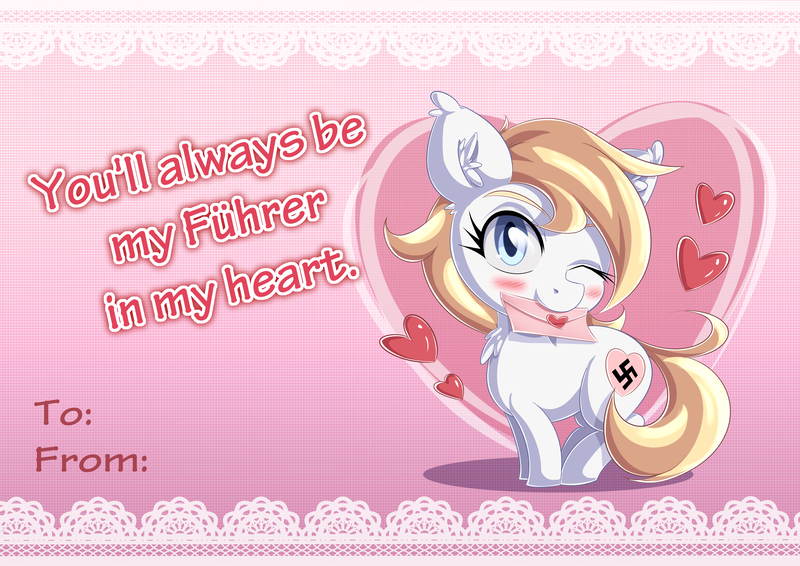 Size: 4093x2894 | Tagged: safe, artist:aryanne, derpibooru import, oc, oc:aryanne, unofficial characters only, earth pony, pony, absurd resolution, aryan, aryan pony, aryanbetes, chest fluff, colored pupils, cute, ear fluff, female, heart, looking at you, love letter, mare, mouth hold, nazi, nazipone, one eye closed, solo, swastika, valentine's day, wink