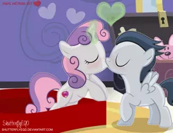 Size: 2540x1955 | Tagged: safe, artist:shutterflyeqd, derpibooru import, rumble, sweetie belle, pony, blushing, cute, eyes closed, female, glowing horn, heart, kissing, magic, male, present, rumbelle, shipping, straight, valentine's day