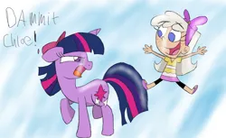 Size: 1670x1024 | Tagged: artist:starlightflopple, chloe carmichael, crossover, derpibooru import, human, safe, the fairly oddparents, timmy turner, twilight sparkle, voice actor joke