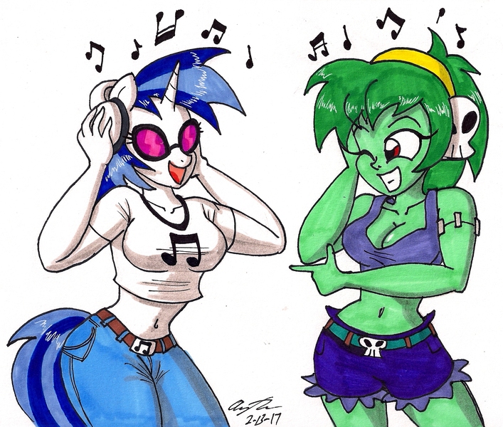 Size: 1625x1380 | Tagged: anthro, artist:newyorkx3, big breasts, breasts, busty vinyl scratch, cleavage, clothes, crossover, derpibooru import, duo, duo female, female, genie, headphones, music notes, rottytops, shantae, simple background, smiling, suggestive, sunglasses, traditional art, vinyl scratch, white background