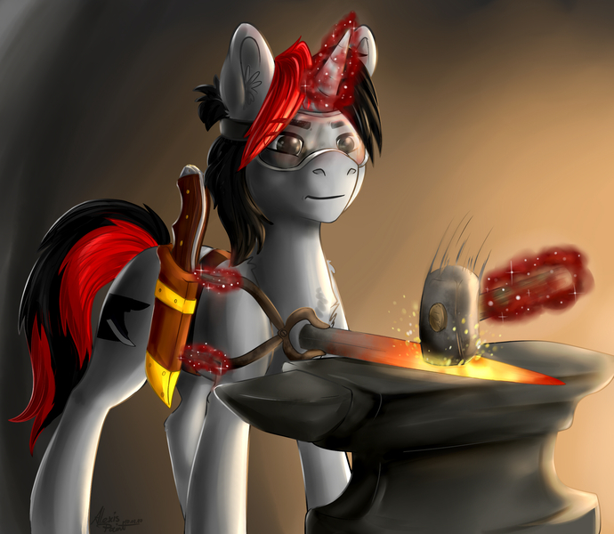 Size: 2300x2000 | Tagged: safe, artist:alexispaint, derpibooru import, oc, oc:blacksteel, unofficial characters only, pony, unicorn, anvil, blacksmith, bowie knife, forge, forging, glowing horn, goggles, hammer, knife, knifemaker, knifemaking, magic, male, red and black oc, smithing, solo, stallion, steel, telekinesis, working