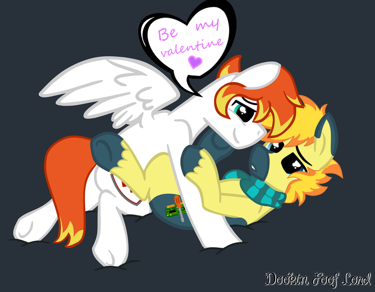 Size: 4500x3500 | Tagged: safe, artist:dookin, derpibooru import, edit, oc, oc:dookin foof lord, oc:yaktan, unofficial characters only, absurd resolution, clothes, cuddling, cute, dialogue, gay, hoof on cheek, love, male, oc x oc, scarf, shipping, snuggling, text, valentine, valentine's day