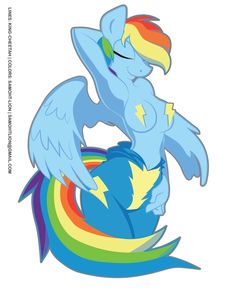 Size: 1276x1651 | Tagged: anthro, armpits, artist:samoht-lion, artist:trollie trollenberg, breasts, busty rainbow dash, clothes, colored, color edit, derpibooru import, edit, eyes closed, female, pasties, pinup, questionable, rainbow dash, solo, solo female, undressing, uniform, wonderbolts uniform
