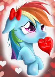 Size: 1999x2785 | Tagged: safe, artist:shogundun, derpibooru import, rainbow dash, pegasus, pony, blushing, bow, bronybait, colored pupils, cute, dashabetes, floppy ears, hair bow, heart, hnnng, mouth hold, raised hoof, signature, solo, valentine's day