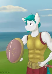Size: 2893x4092 | Tagged: safe, artist:triplesevens, derpibooru import, oc, unofficial characters only, anthro, anthro oc, bored, calm, day, male, muscles, roman, rome, shield, soldier, solo, sunny, sword, weapon