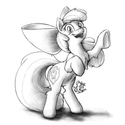 Size: 1000x1000 | Tagged: apple bloom, artist:blue-paint-sea, black and white, bow, derpibooru import, grayscale, hair bow, looking at you, monochrome, open mouth, rearing, safe, simple background, sketch, smiling, solo, traditional art, underhoof, white background