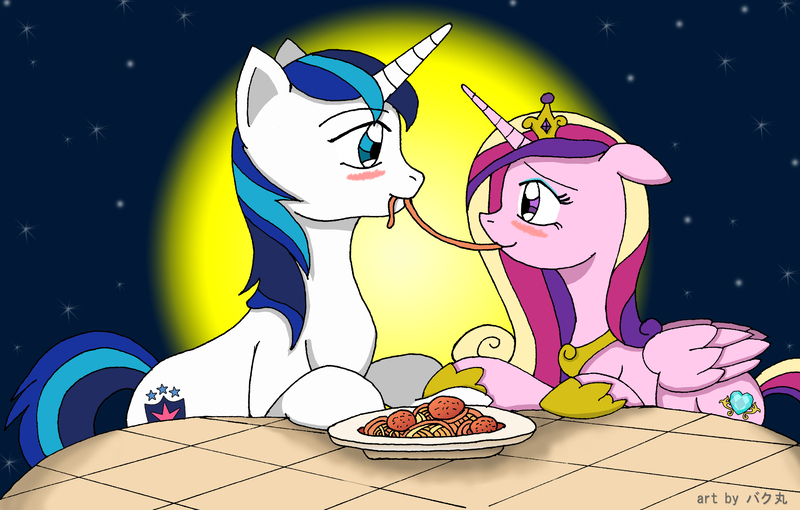 Size: 3812x2430 | Tagged: artist:bakumaru01, blushing, derpibooru import, disney, eating, female, food, full moon, husband and wife, lady and the tramp, looking at each other, male, meat, meatballs, moon, pasta, ponies eating meat, princess cadance, safe, shining armor, shiningcadance, shipping, smiling, spaghetti, spaghetti scene, straight, table