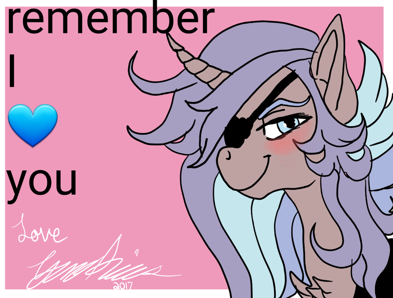 Size: 2048x1556 | Tagged: safe, artist:brainiac, derpibooru import, oc, unofficial characters only, pony, unicorn, blushing, bust, cute, eyepatch, female, heart, mare, ponysona, portrait, solo, text