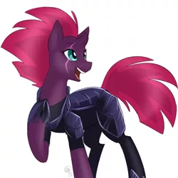 Size: 750x750 | Tagged: safe, artist:its-gloomy, derpibooru import, fizzlepop berrytwist, tempest shadow, pony, unicorn, my little pony: the movie, armor, broken horn, eye scar, female, happy, hoof on chest, mare, open mouth, raised hoof, raised leg, scar, simple background, smiling, solo, white background