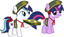 Size: 14476x8439 | Tagged: safe, artist:cyanlightning, derpibooru import, shining armor, twilight sparkle, pony, unicorn, absurd resolution, brother and sister, colt, cute, cyan's filly guides, female, filly, filly guides, filly scouts, hat, male, ribbon, shining adorable, siblings, simple background, transparent background, twiabetes, vector, younger