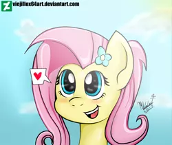 Size: 2900x2442 | Tagged: safe, artist:viejillox64art, derpibooru import, fluttershy, pegasus, pony, beautiful, bust, cute, flower, flower in hair, heart, hearts and hooves day, open mouth, pictogram, portrait, shyabetes, sky, smiling, solo