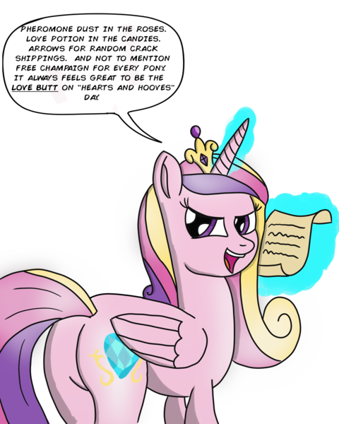 Size: 2400x3000 | Tagged: suggestive, artist:saburodaimando, derpibooru import, princess cadance, alicorn, pony, daimando is going to hell, dialogue, hearts and hooves day, levitation, lovebutt, magic, open mouth, parchment, plot, princess of love, princess of shipping, pure unfiltered evil, scroll, shipper on deck, simple background, smiling, solo, telekinesis, transparent background