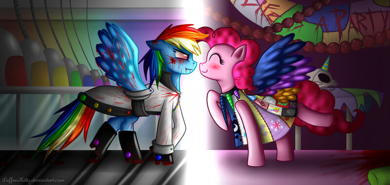 Size: 2000x950 | Tagged: grimdark, artist:leffenkitty, derpibooru import, pinkie pie, rainbow dash, earth pony, pegasus, pony, fanfic:cupcakes, fanfic:rainbow factory, blood, clothes, dead, eyes closed, female, hat, hooves, lesbian, mare, party hat, pinkiedash, raised hoof, shipping, skull, split screen