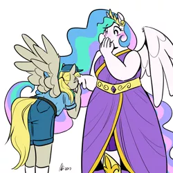Size: 1280x1280 | Tagged: anthro, artist:rwl, blushing, chubby, chubbylestia, clothes, crack shipping, cute, derpabetes, derpibooru import, derpy hooves, derpylestia, dress, fat, female, height difference, kissing, kiss on the hand, lesbian, mail, mailbag, princess celestia, safe, shipping, size difference