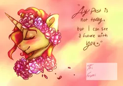 Size: 4320x3021 | Tagged: safe, artist:loladotz, derpibooru import, sunset shimmer, pony, unicorn, absurd resolution, blushing, eyes closed, floral head wreath, flower, flower necklace, hearts and hooves day, solo, valentine's day, valentine's day card
