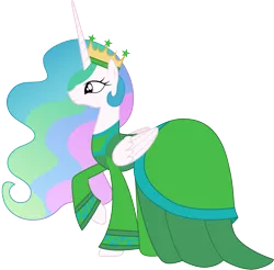 Size: 1017x1001 | Tagged: safe, artist:cloudyglow, derpibooru import, princess celestia, pony, beauty and the beast, clothes, clothes swap, cosplay, costume, crossover, crown, disney, dress, enchantress, female, green, jewelry, mare, raised hoof, regalia, simple background, smiling, solo, transparent background, vector