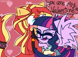 Size: 1378x999 | Tagged: safe, artist:psychodiamondstar, derpibooru import, sci-twi, sunset shimmer, twilight sparkle, equestria girls, blushing, clothes, cute, female, glasses, heart, hug, lesbian, ponied up, scitwilicorn, scitwishimmer, shipping, smiling, sunsetsparkle, twiabetes, valentine's day