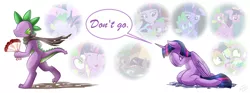 Size: 2012x746 | Tagged: safe, artist:vavacung, derpibooru import, spike, twilight sparkle, twilight sparkle (alicorn), alicorn, dog, dragon, pony, equestria girls, clothes, crying, dialogue, engrish in the description, female, floppy ears, flower, kneeling, male, older, sad, scarf, shipping, shipping denied, speech bubble, spike the dog, straight, twispike, unrequited