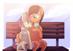 Size: 7016x4961 | Tagged: safe, artist:elskafox, derpibooru import, oc, oc:artline, oc:solar bronze, unofficial characters only, earth pony, pony, absurd resolution, bench, eating, female, food, heart eyes, ice cream, male, straight, wingding eyes