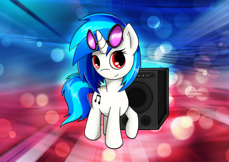 Size: 3508x2480 | Tagged: safe, artist:conniethecasanova, artist:flamevulture17, color edit, derpibooru import, edit, vinyl scratch, pony, unicorn, colored, high res, solo, speakers, wallpaper, wallpaper edit, wrong eye color