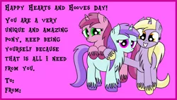 Size: 2645x1504 | Tagged: artist:dinkyuniverse, card, chest fluff, cuddling, derpibooru import, dinky hooves, ear fluff, hearts and hooves day, hearts and hooves day cards, liza doolots, petunia, ruby pinch, safe, snuggling, tootsie flute, unshorn fetlocks