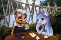 Size: 2203x1471 | Tagged: safe, artist:cattle32, derpibooru import, oc, unofficial characters only, pegasus, pony, blue eyes, book, clothes, couple, cup, drink, female, glasses, looking at you, male, mare, oc x oc, paper, pencils, shipping, signature, smiling, stallion, straight, table, white hair