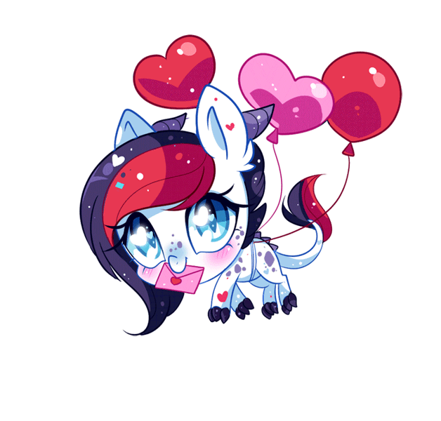 Size: 700x669 | Tagged: safe, artist:ipun, derpibooru import, oc, unofficial characters only, dracony, hybrid, pony, animated, balloon, blushing, female, gif, heart, heart balloon, heart eyes, letter, mare, mouth hold, simple background, solo, transparent background, wingding eyes