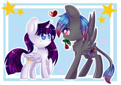 Size: 1011x713 | Tagged: safe, artist:twily-star, derpibooru import, oc, unofficial characters only, alicorn, pegasus, pony, blushing, chest fluff, female, flower, heart, male, mare, oc x oc, rose, shipping, stallion, straight