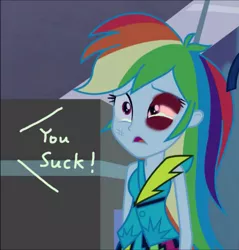 Size: 688x720 | Tagged: semi-grimdark, derpibooru import, edit, edited screencap, screencap, rainbow dash, equestria girls, rainbow rocks, abuse, abuse edit, black eye, bully, bullying, crying, dashabuse, edgy, eqg abuse edits, female, sad, this will end in school shooting