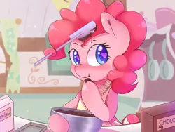 Size: 1600x1200 | Tagged: safe, artist:tikrs007, derpibooru import, pinkie pie, pony, baking, bipedal, blushing, chocolate, colored pupils, cute, diapinkes, dough scraper, food, heart eyes, milk, prehensile mane, solo, wingding eyes